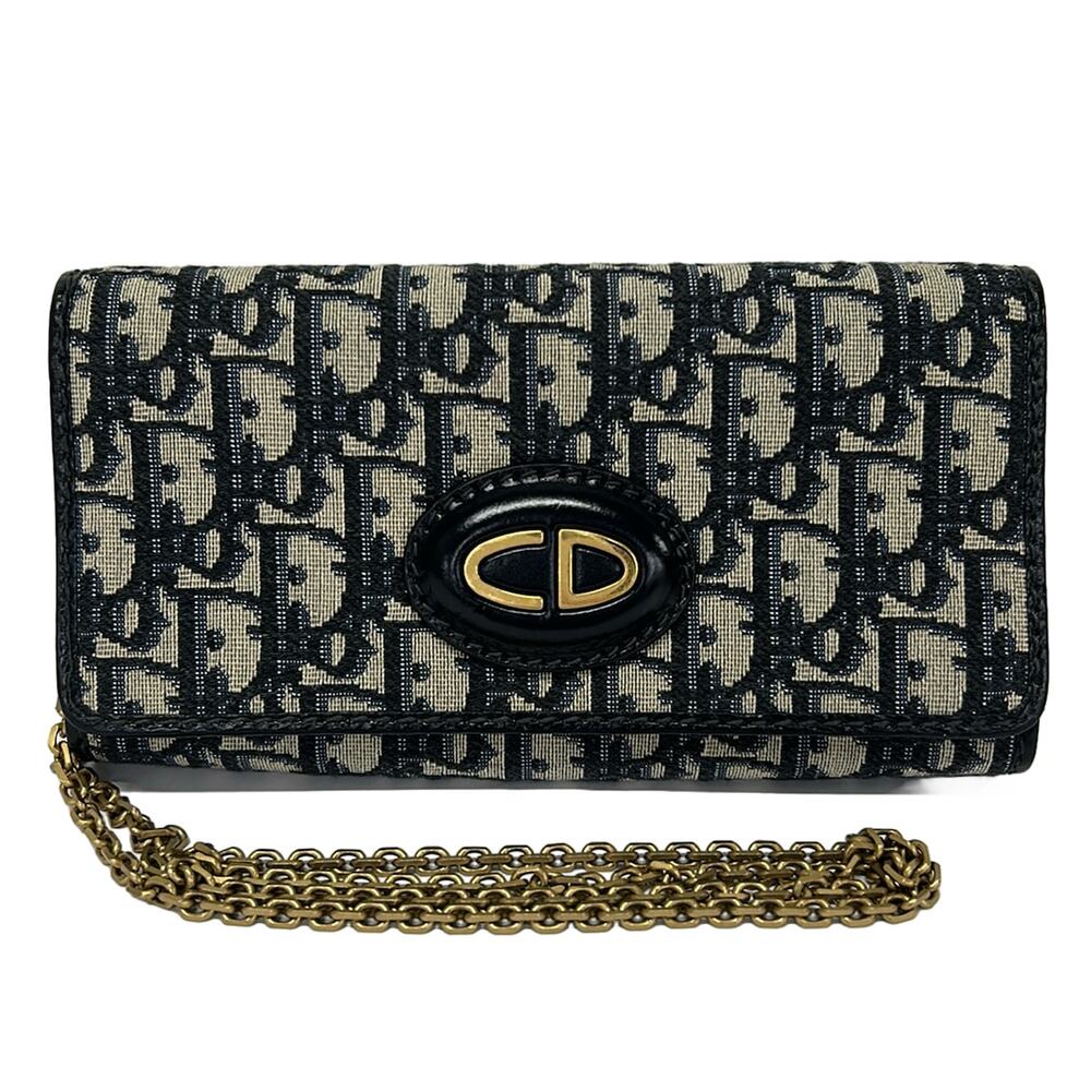 Christian Dior Long Wallet Navy White Canvas Hardware